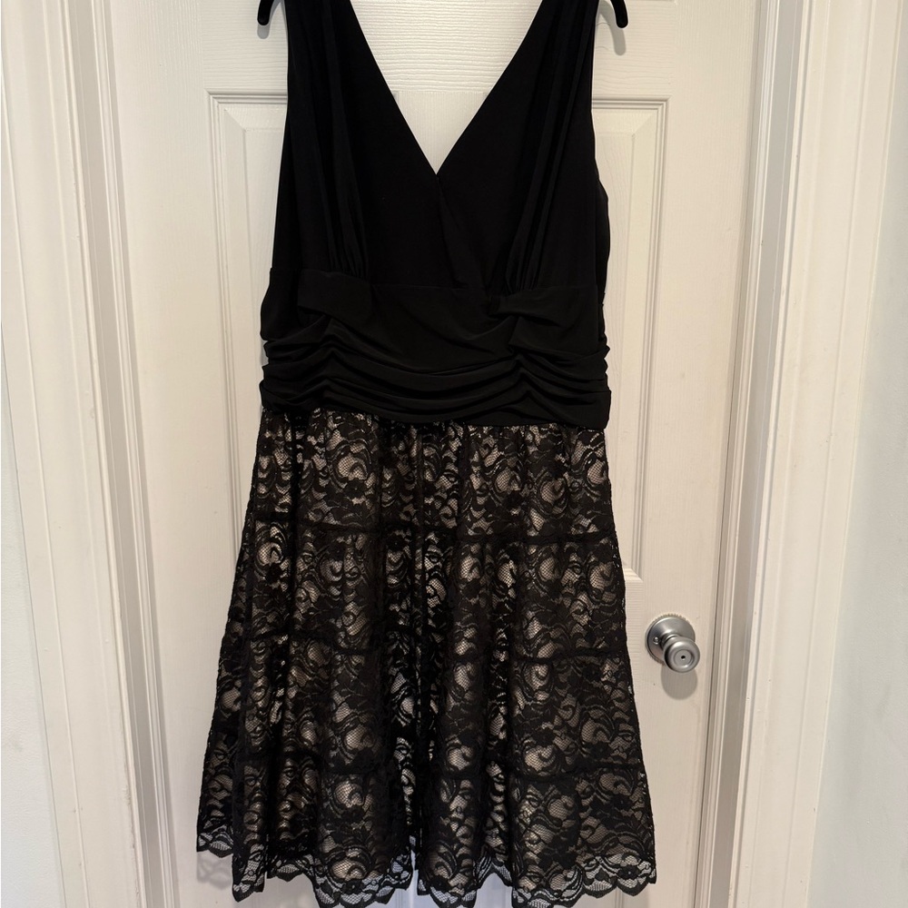 S.L. Fashions Black and Cream Lace Cocktail Dress